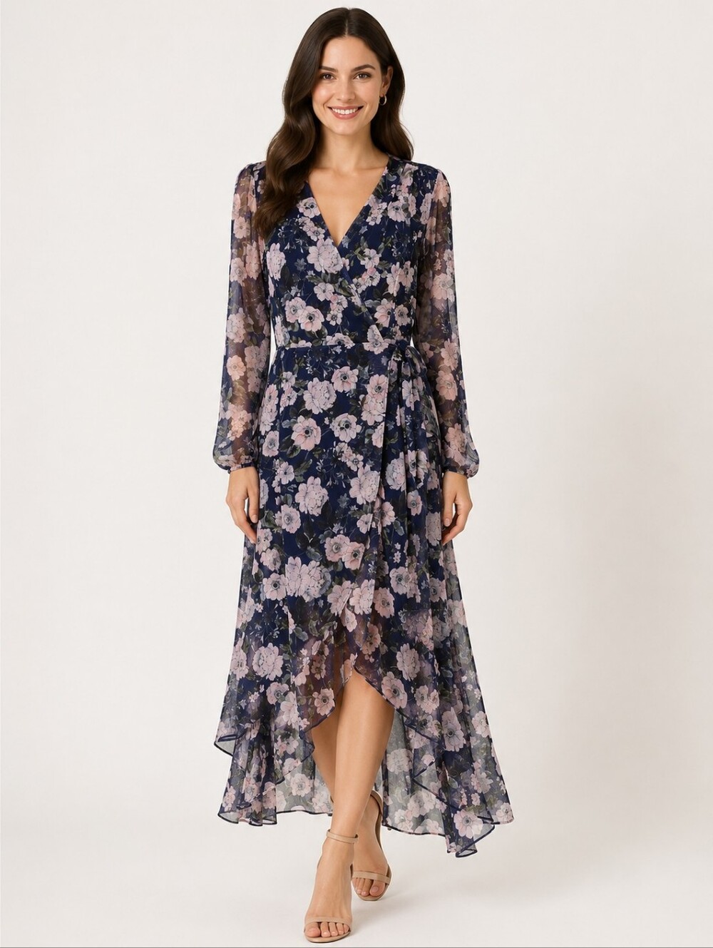 Laundry by Shelli Segal Floral Wrap Dress Blue Pink Mesh Long Sleeve Size 6